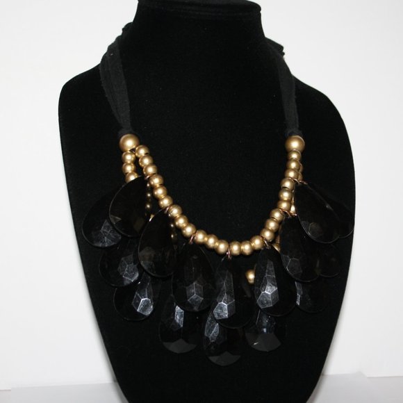 Black and gold oversized bib necklace gems